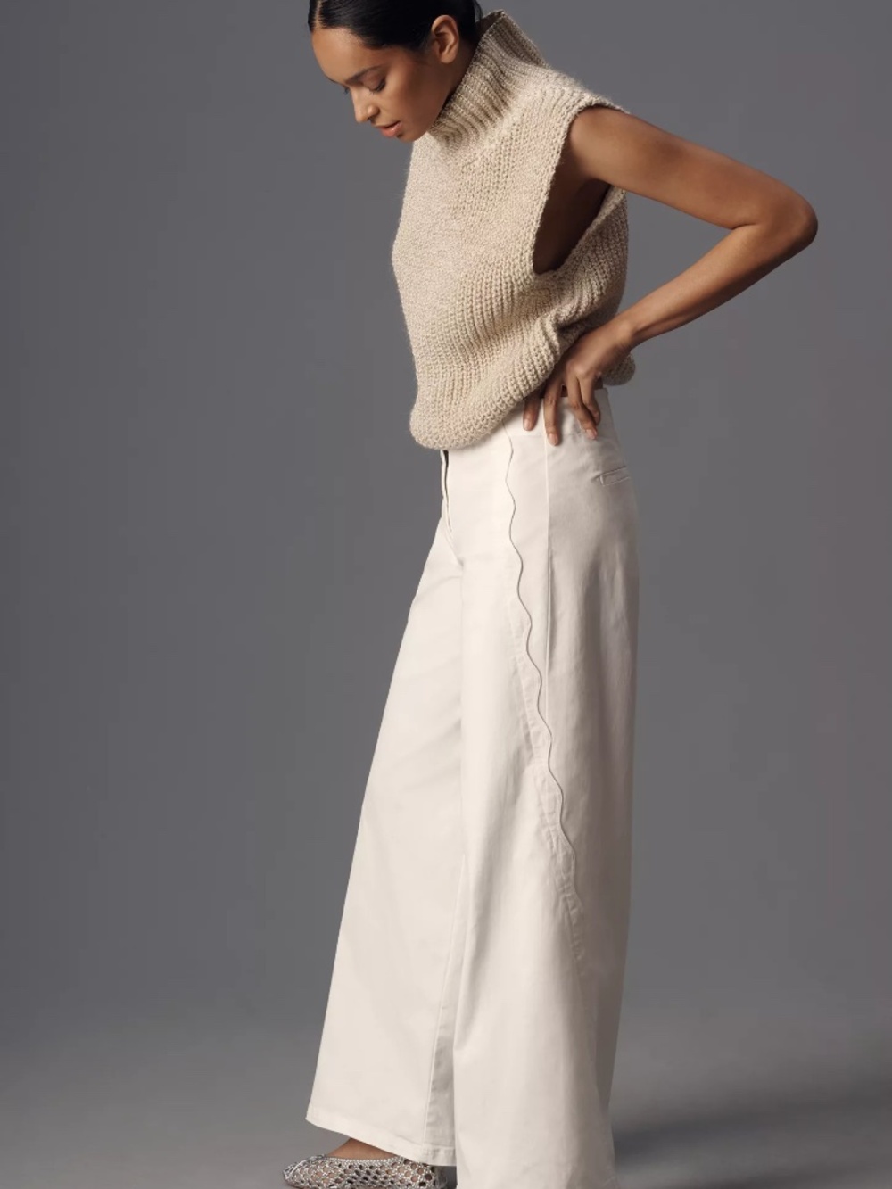 Maeve Scallop Wide-Leg Pants Khaki